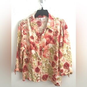 JM collection Shirt Women’s 16 100% Linen Floral Button Up Lightweight Bloomcore
